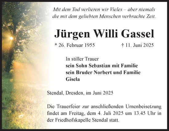 Traueranzeige von Jürgen Willi Gassel von Volksstimme Altmark Ost