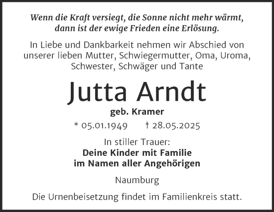 Traueranzeige von Jutta Arndt von Super Sonntag Naumburg/Nebra