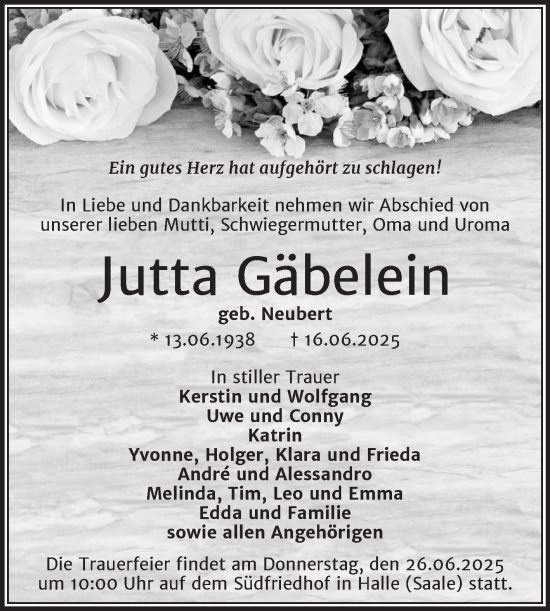 Traueranzeige von Jutta Gäbelein von Mitteldeutsche Zeitung Halle/Saalkreis