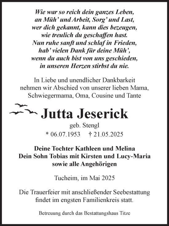 Traueranzeige von Jutta Jeserick von Volksstimme Burg/Genthin