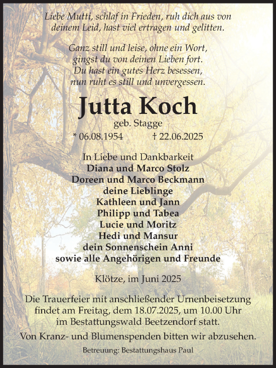 Traueranzeige von Jutta Koch von Volksstimme Altmark West