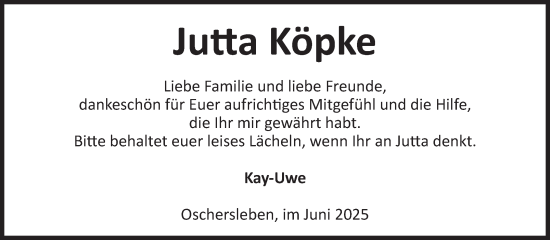 Traueranzeige von Jutta Köpke von Volksstimme Oschersleben/Wanzleben