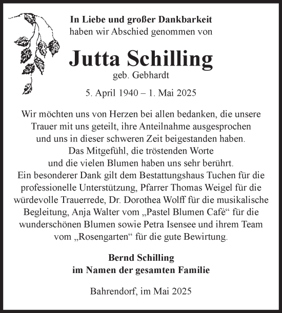 Traueranzeige von Jutta Schilling von Volksstimme Oschersleben/Wanzleben