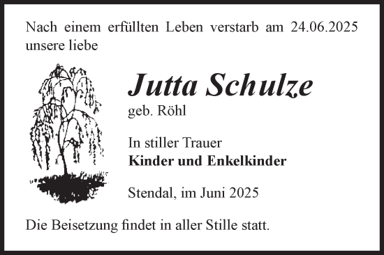 Traueranzeige von Jutta Schulze von Volksstimme Altmark Ost