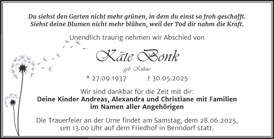 Traueranzeige von Käte Bonk von Trauerkombi Mansfelder Land
