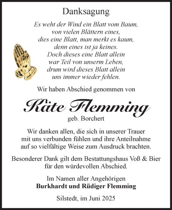 Traueranzeige von Käte Flemming von Volksstimme Wernigerode