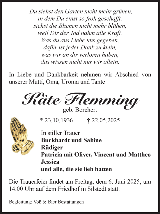 Traueranzeige von Käte Flemming von Volksstimme Wernigerode