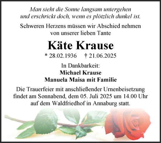 Traueranzeige von Käte Krause von Trauerkombi Wittenberg
