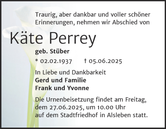 Traueranzeige von Käte Perrey von Trauerkombi Bernburg