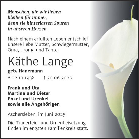 Traueranzeige von Käthe Lange von Trauerkombi Aschersleben
