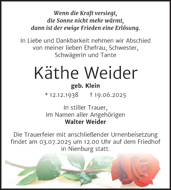 Traueranzeige von Käthe Weider von Trauerkombi Bernburg