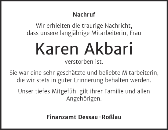 Traueranzeige von Karen Akbari von Mitteldeutsche Zeitung Dessau-Roßlau