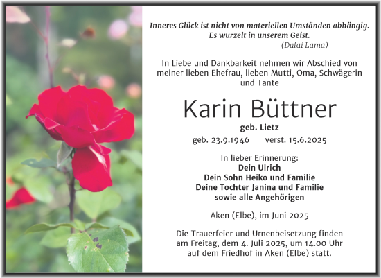 Traueranzeige von Karin Büttner von Trauerkombi Köthen