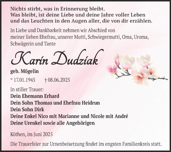 Traueranzeige von Karin Dudziak von Trauerkombi Köthen