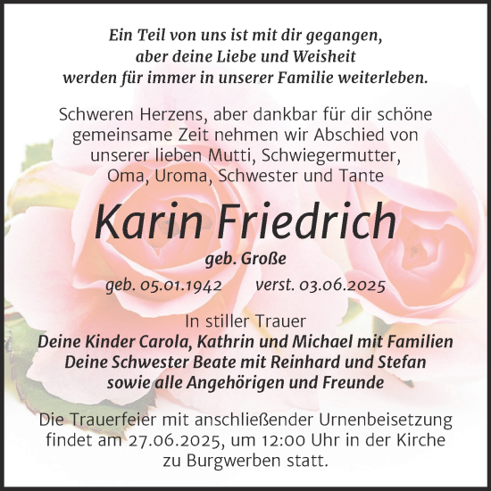 Traueranzeige von Karin Friedrich von Trauerkombi Weißenfels