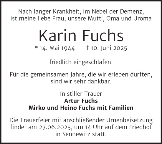 Traueranzeige von Karin Fuchs von Mitteldeutsche Zeitung Halle/Saalkreis