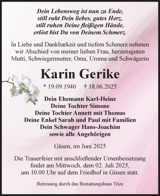 Traueranzeige von Karin Gerike von Volksstimme Burg/Genthin