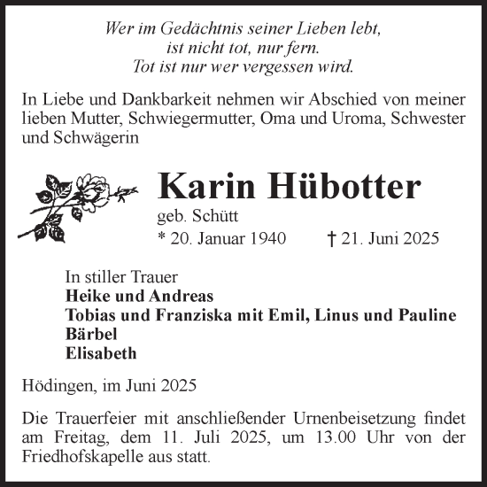 Traueranzeige von Karin Hübotter von Volksstimme Haldensleben/Wolmirstedt