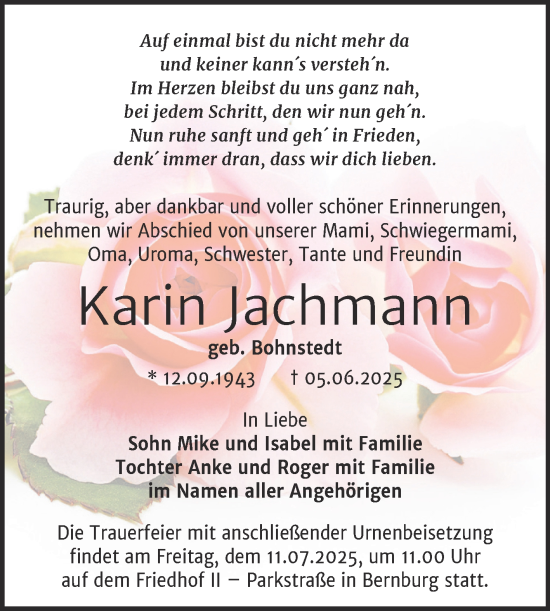 Traueranzeige von Karin Jachmann von Trauerkombi Bernburg