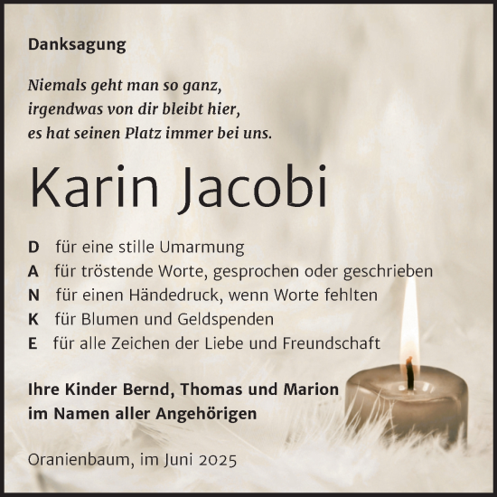 Traueranzeige von Karin Jacobi von Trauerkombi Wittenberg