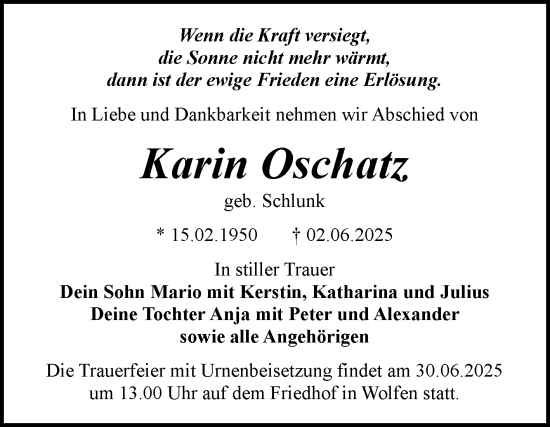 Traueranzeige von Karin Oschatz von Trauerkombi Bitterfeld