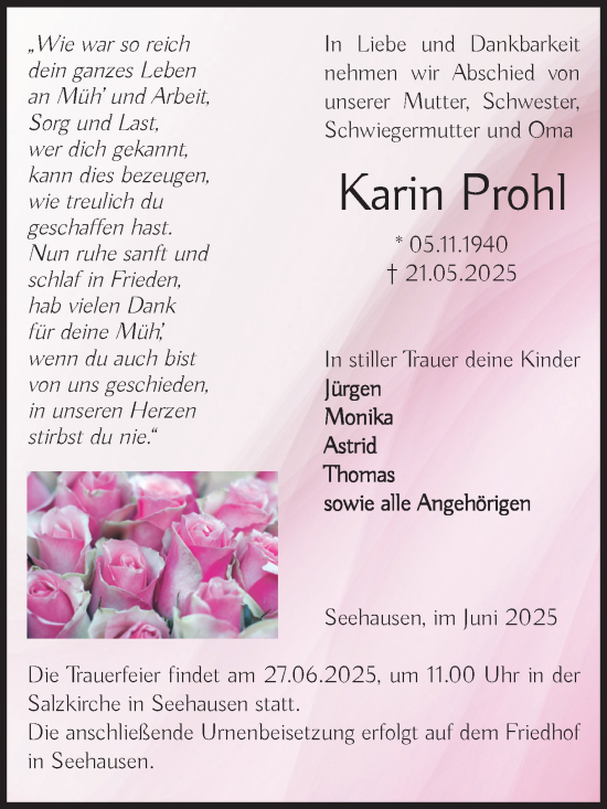 Traueranzeige von Karin Prohl von Volksstimme Altmark Ost