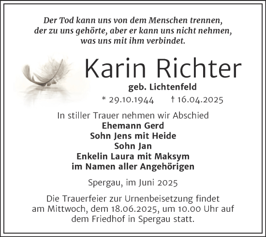 Traueranzeige von Karin Richter von Trauerkombi Merseburg