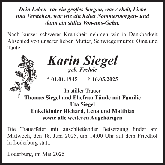 Traueranzeige von Karin Siegel 