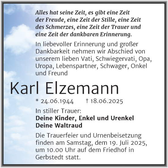 Traueranzeige von Karl Elzemann von Trauerkombi Mansfelder Land