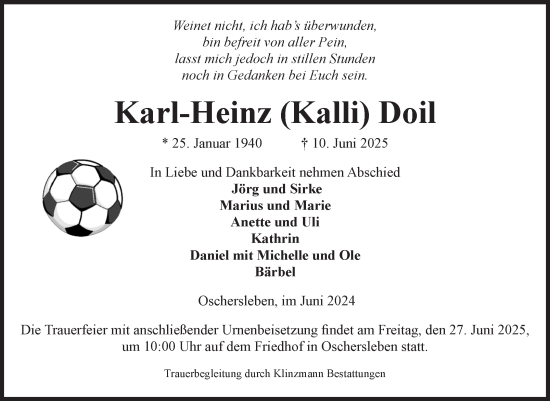 Traueranzeige von Karl-Heinz Doil von Volksstimme Oschersleben/Wanzleben