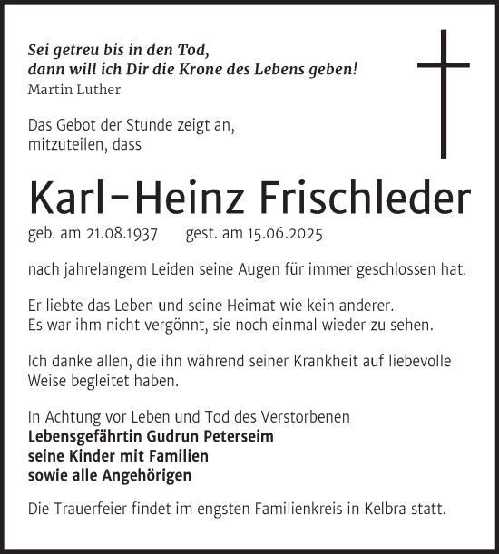 Traueranzeige von Karl-Heinz Frischleder von Trauerkombi Sangerhausen