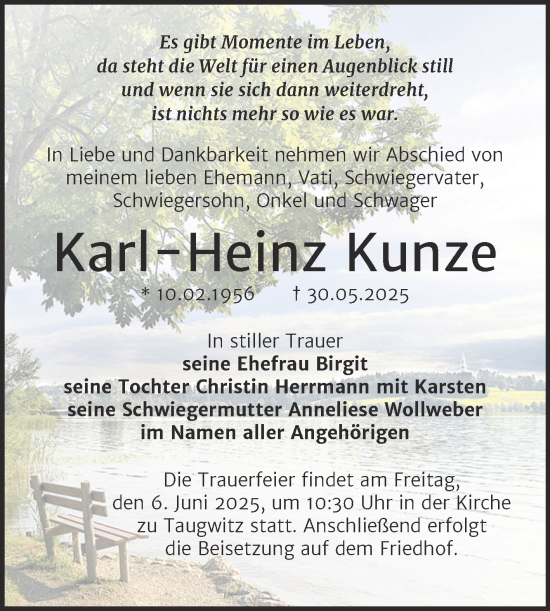 Traueranzeige von Karl-Heinz Kunze von Naumburger Tageblatt
