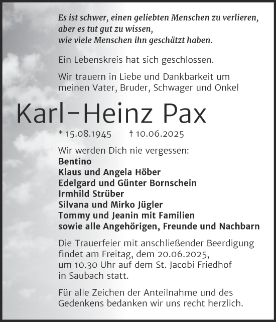 Traueranzeige von Karl-Heinz Pax von Naumburger Tageblatt