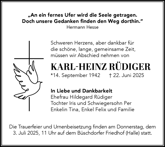 Traueranzeige von Karl-Heinz Rüdiger von Trauerkombi Merseburg