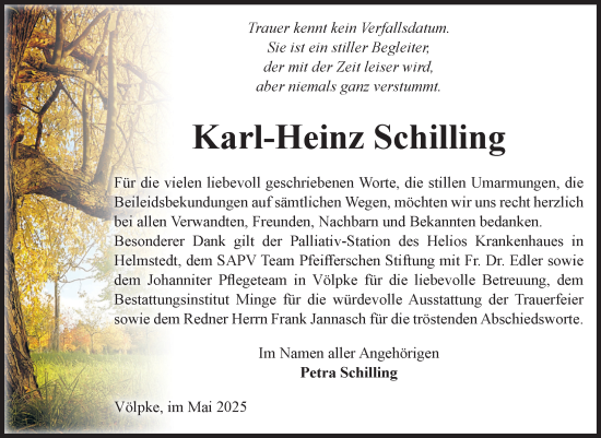 Traueranzeige von Karl-Heinz Schilling von Volksstimme Oschersleben/Wanzleben