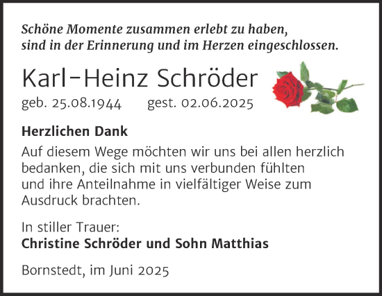 Traueranzeige von Karl-Heinz Schröder von Trauerkombi Mansfelder Land