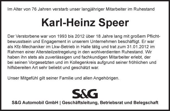 Traueranzeige von Karl-Heinz Speer von Mitteldeutsche Zeitung Halle/Saalkreis