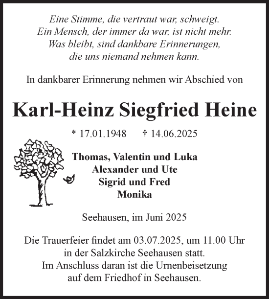 Traueranzeige von Karl-Heinz Siegfried Heine von Volksstimme Altmark Ost
