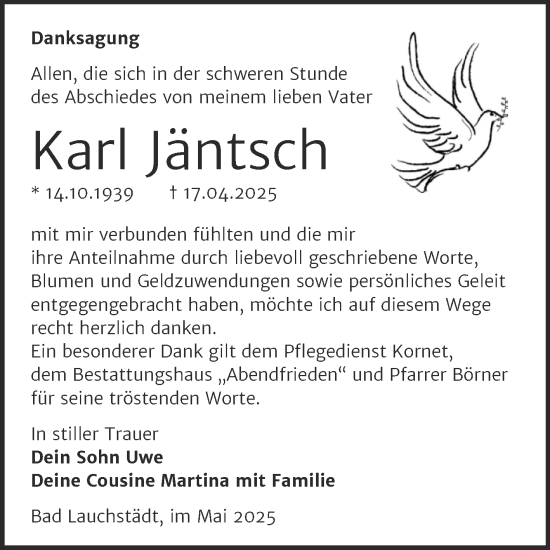 Traueranzeige von Karl Jäntsch von Trauerkombi Merseburg