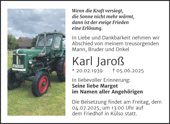 Traueranzeige von Karl Jaroß von Trauerkombi Wittenberg