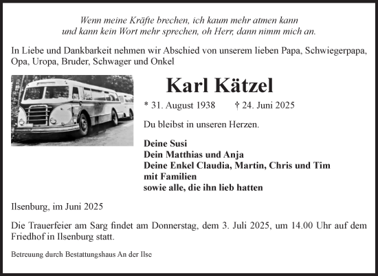 Traueranzeige von Karl Kätzel von Volksstimme Wernigerode