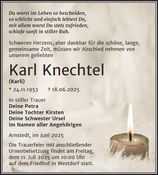 Traueranzeige von Karl Knechtel von Trauerkombi Aschersleben
