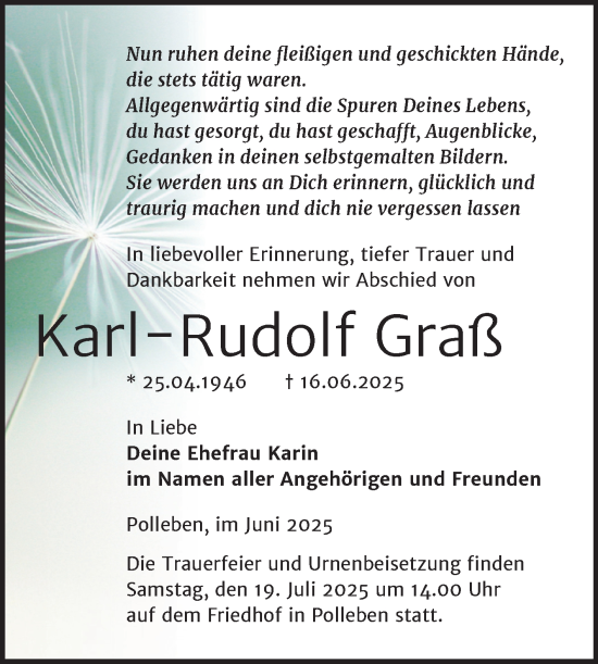Traueranzeige von Karl-Rudolf Graß von Trauerkombi Mansfelder Land