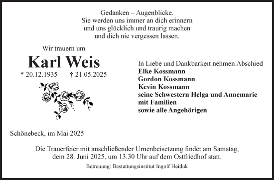 Traueranzeige von Karl Weis von Volksstimme Schönebeck