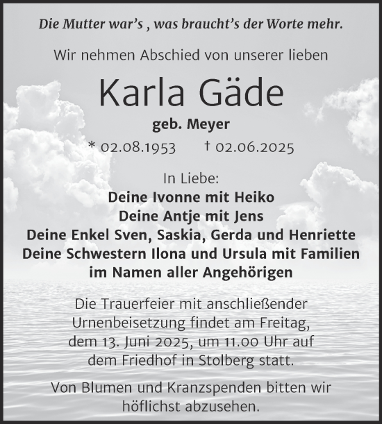 Traueranzeige von Karla Gäde von Trauerkombi Sangerhausen