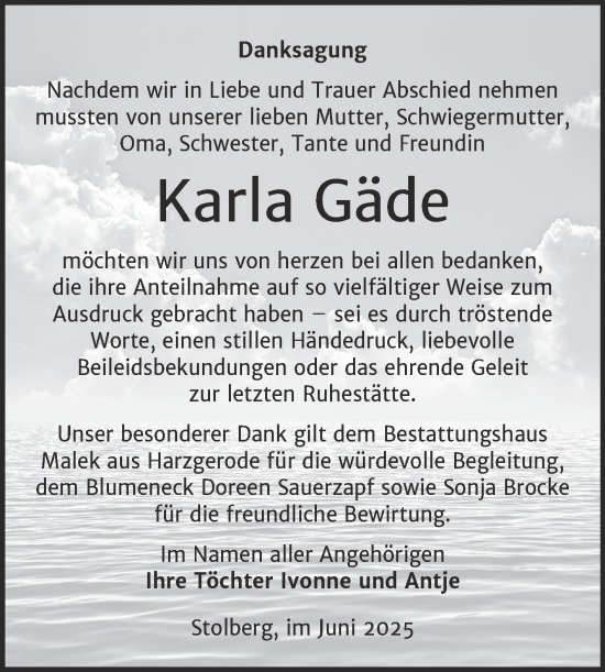 Traueranzeige von Karla Gäde von Trauerkombi Sangerhausen