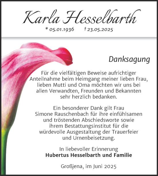Traueranzeige von Karla Hesselbarth von Super Sonntag Naumburg/Nebra