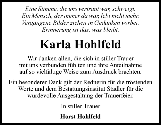 Traueranzeige von Karla Hohlfeld von Volksstimme Haldensleben/Wolmirstedt