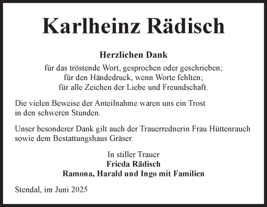 Traueranzeige von Karlheinz Rädisch von Volksstimme Altmark Ost