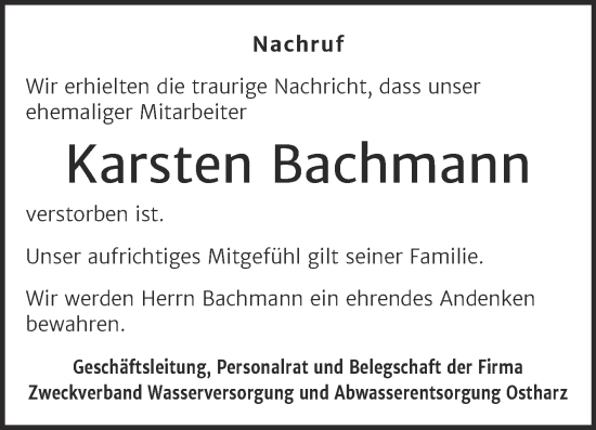 Traueranzeige von Karsten Bachmann von Mitteldeutsche Zeitung Quedlingburg